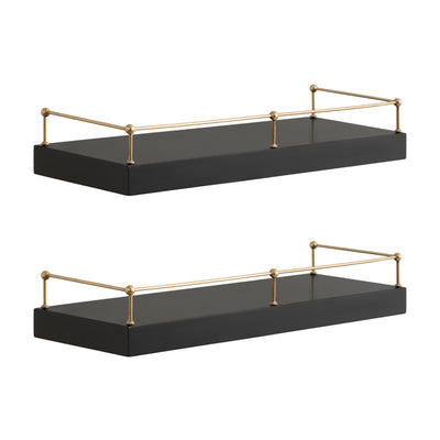 Havina Floating Shelf Set displaying decorative items on wooden shelves with a supportive railing in a modern interior setting.