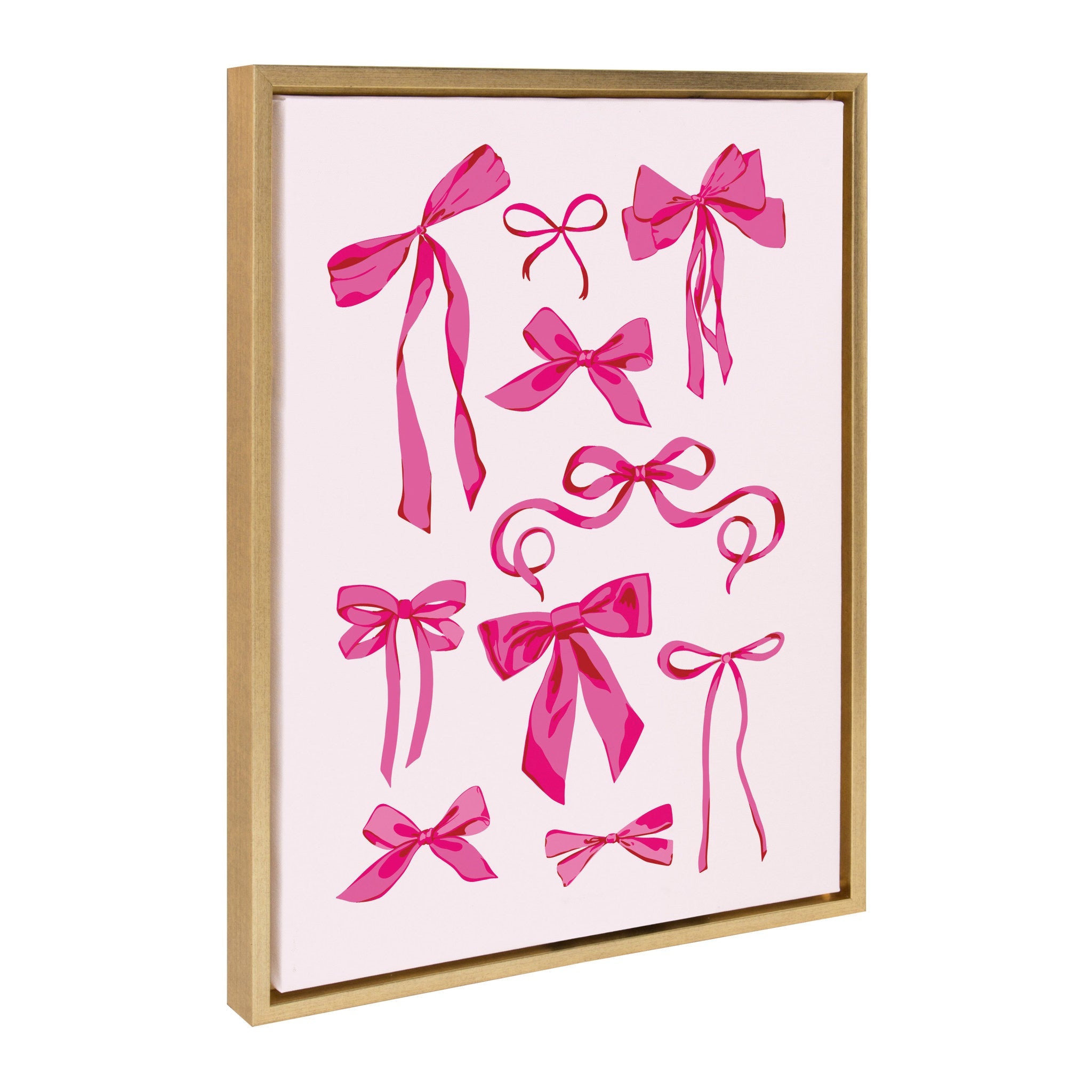 Sylvie Pink Bows framed canvas art featuring pink bows on a golden background with a modern lightweight polystyrene frame.