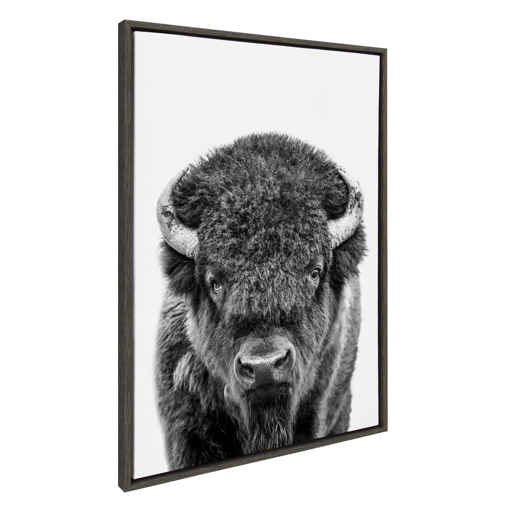 Black and white portrait of a bison on a framed floating canvas printed by Amy Peterson Art Studio