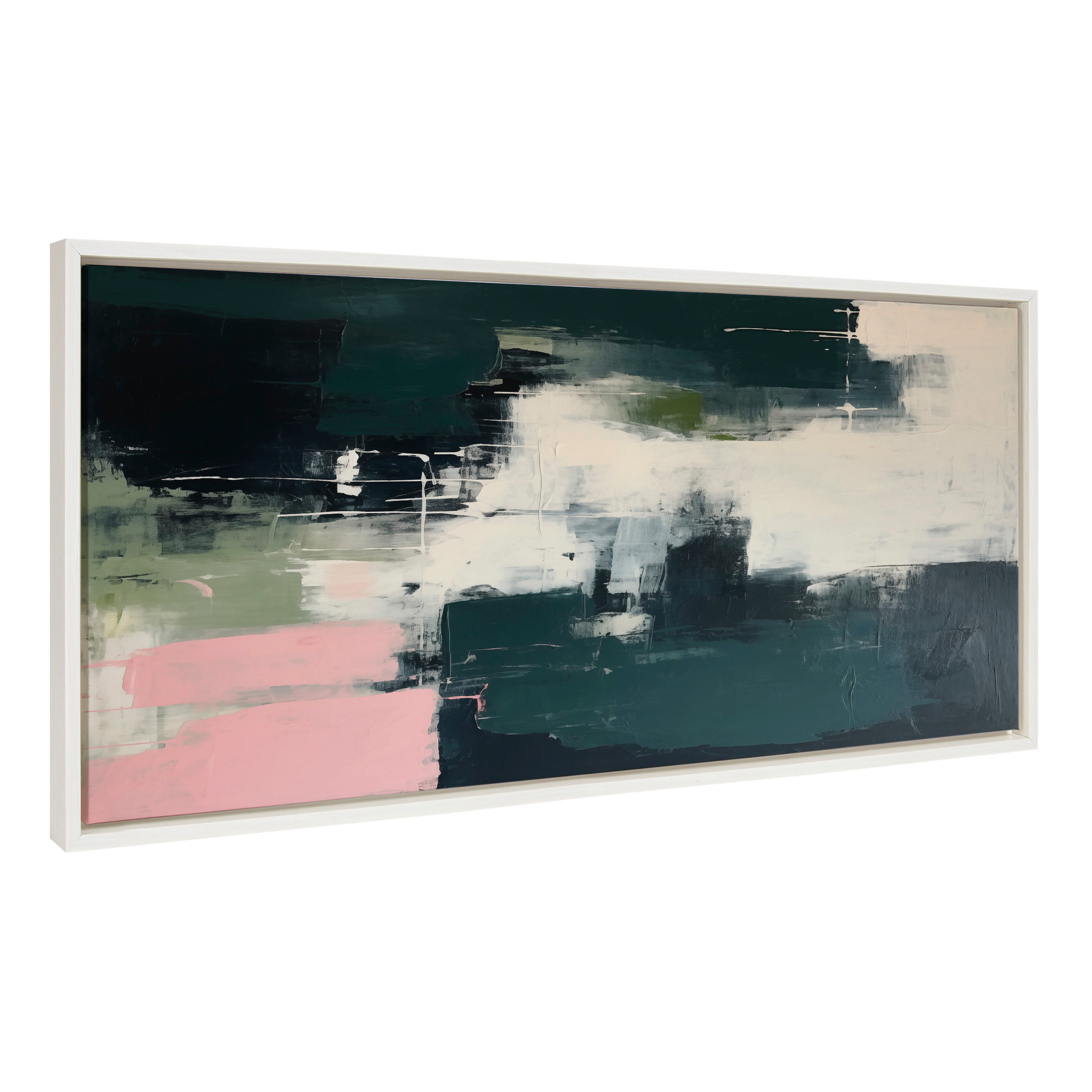 Sylvie Emerald Blush Framed Canvas by Amy Lighthall showing emerald and blush abstract color blocks in a floating frame