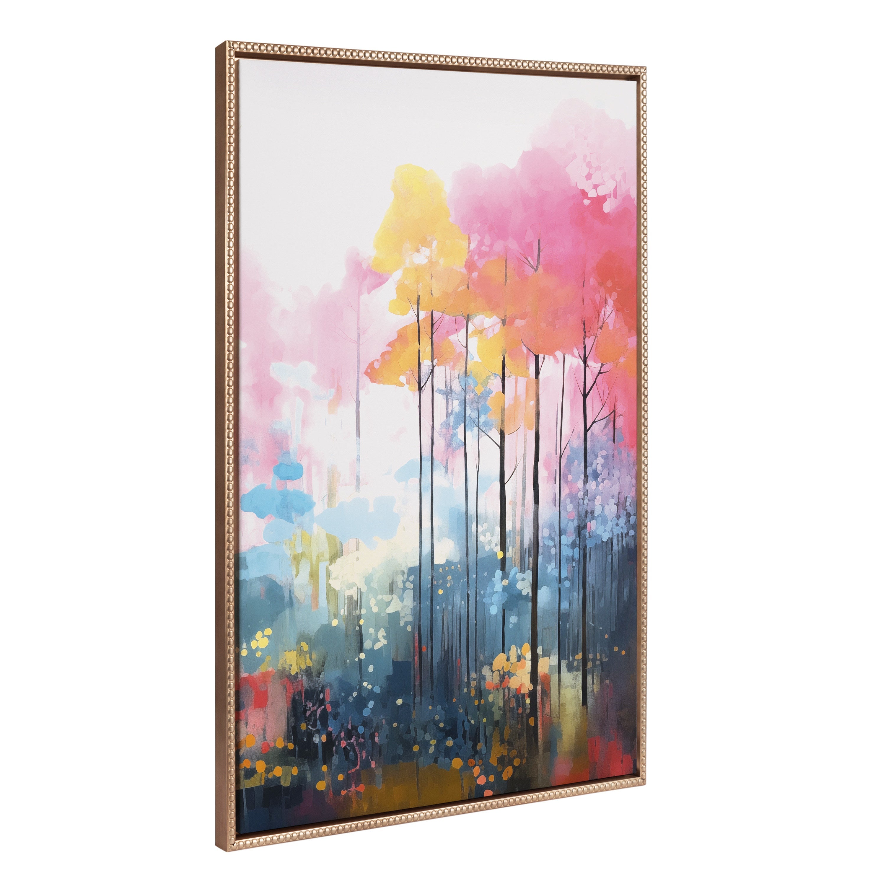 Sylvie Beaded Colorful Forest Landscape Framed Canvas showing vibrant forest scene in a gold beaded frame