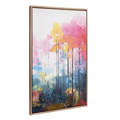 Sylvie Beaded Colorful Forest Landscape Framed Canvas showing vibrant forest scene in a gold beaded frame