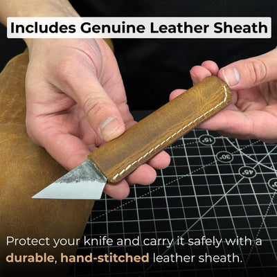 Hand-forged Kiridashi knife with razor-sharp carbon steel blade and leather sheath