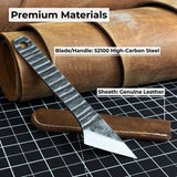 Hand-forged Kiridashi knife with razor-sharp carbon steel blade and leather sheath