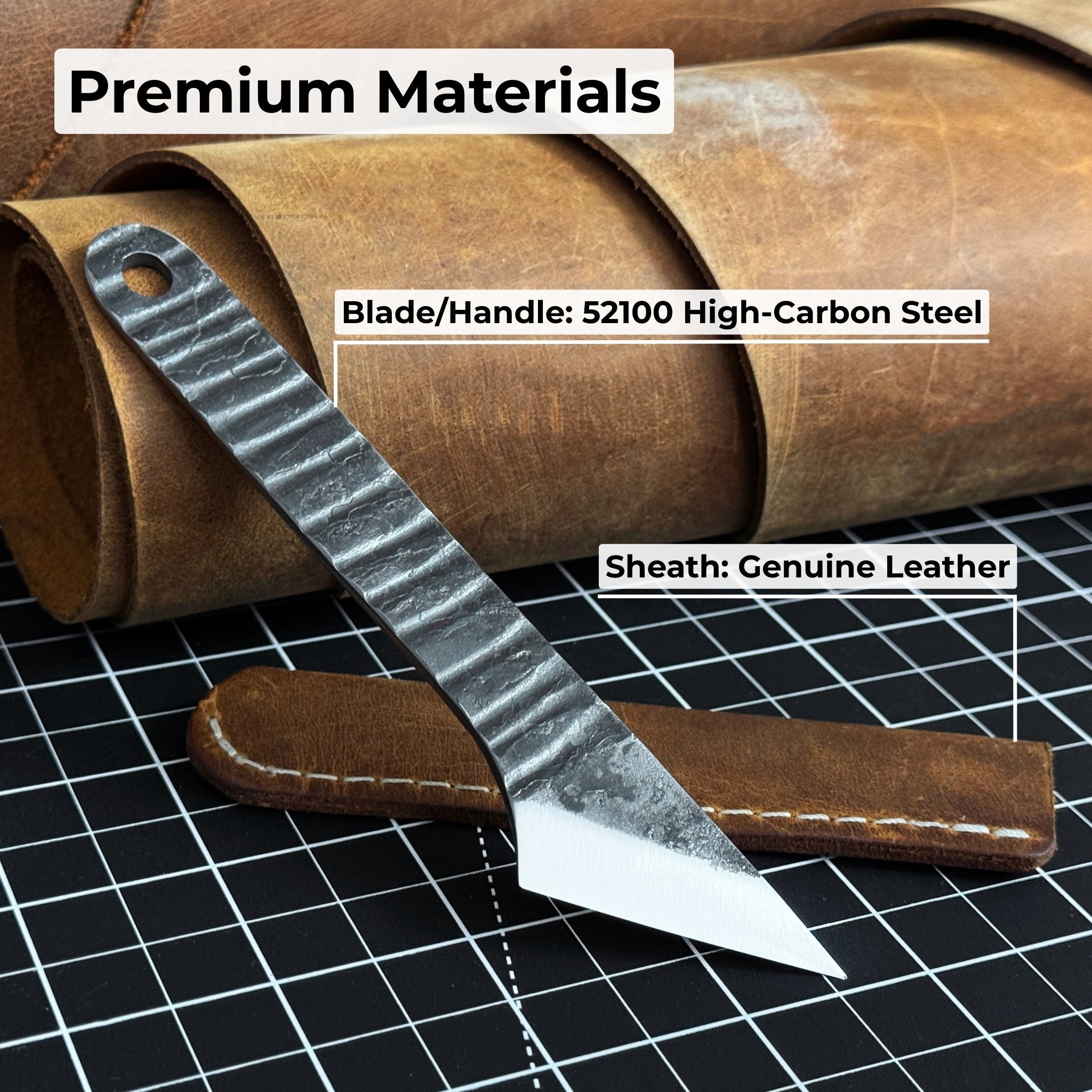 Hand-forged Kiridashi knife with razor-sharp carbon steel blade and leather sheath