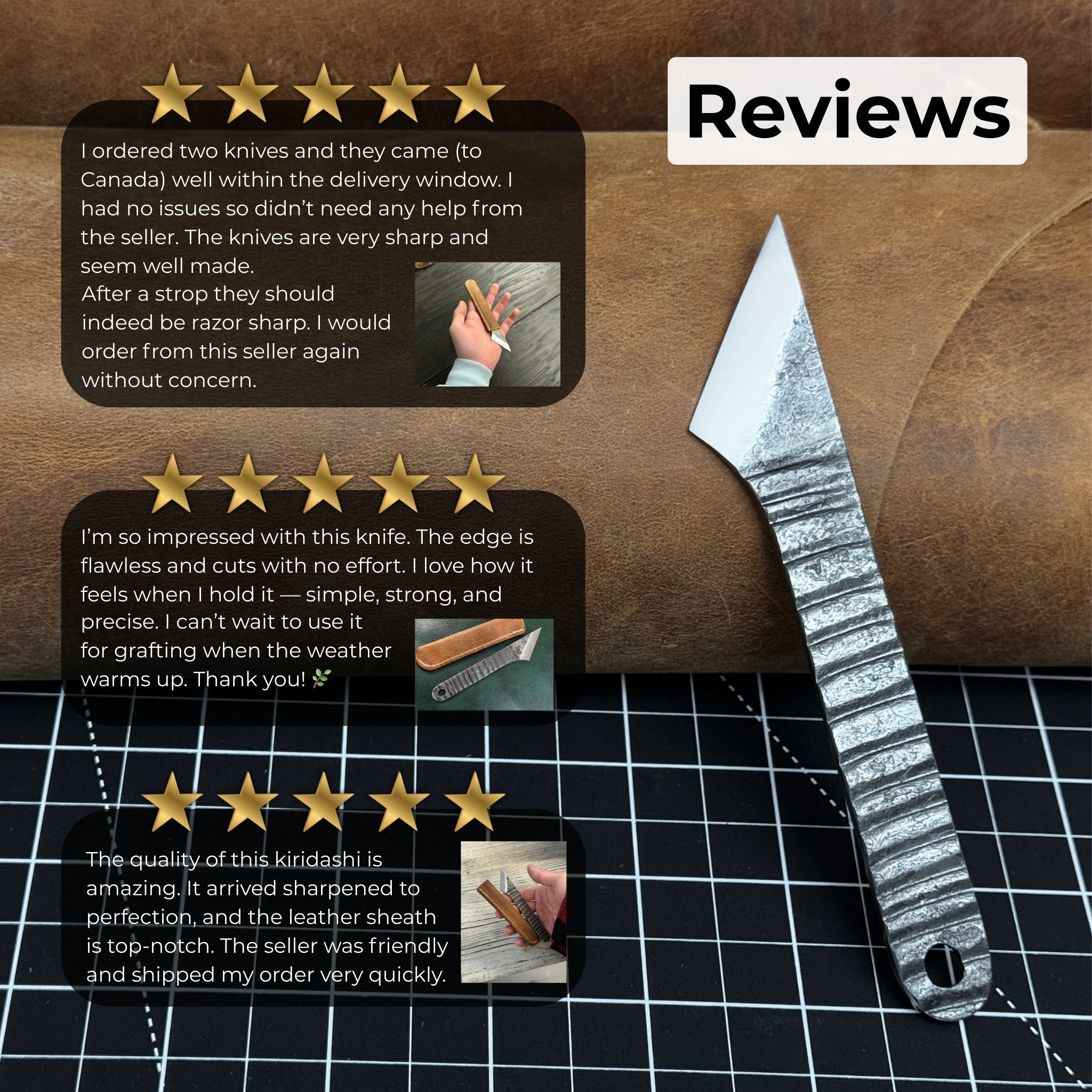 Hand-forged Kiridashi knife with razor-sharp carbon steel blade and leather sheath