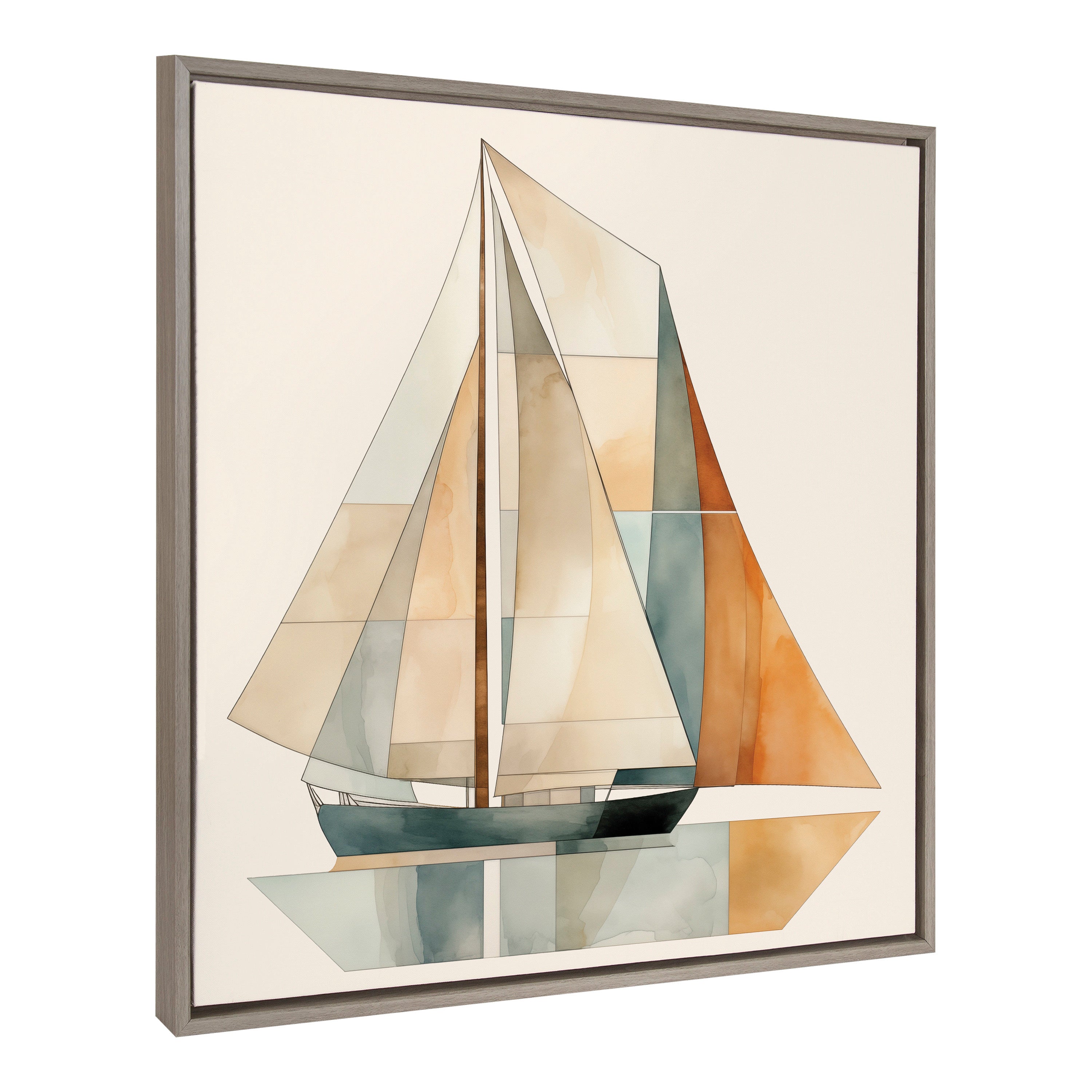 Sylvie Mid Century Modern Geometric Sailboat framed canvas art showing colorful geometric sailboat shapes
