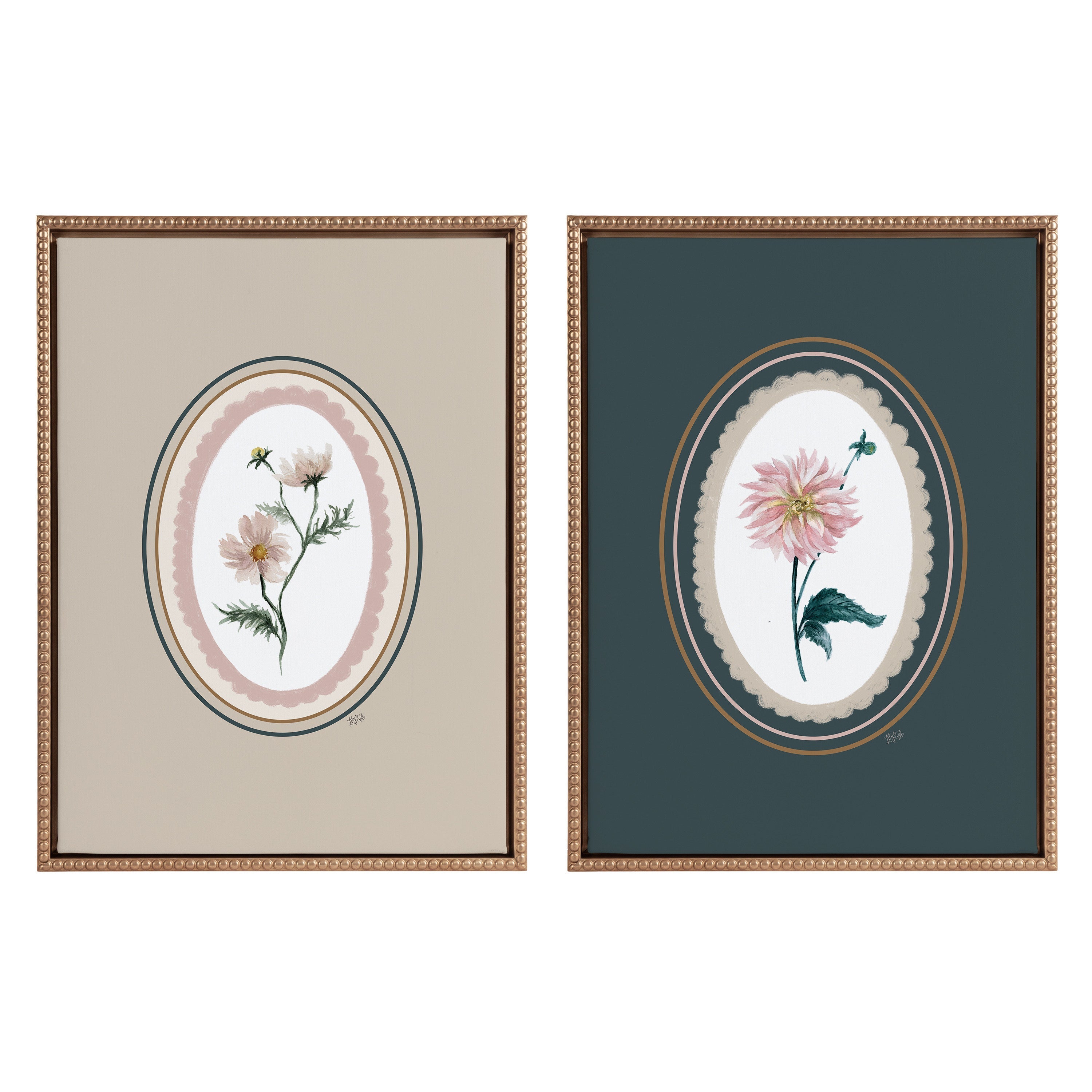Sylvie Beaded Cosmo in Oval and Dahlia in Oval Framed Canvas Art Set by Valerie McKeehan of Lily and Val
