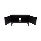 Black wooden TV stand with two open doors revealing a central shelf and circular cable management hole at the back, supported by four straight legs.