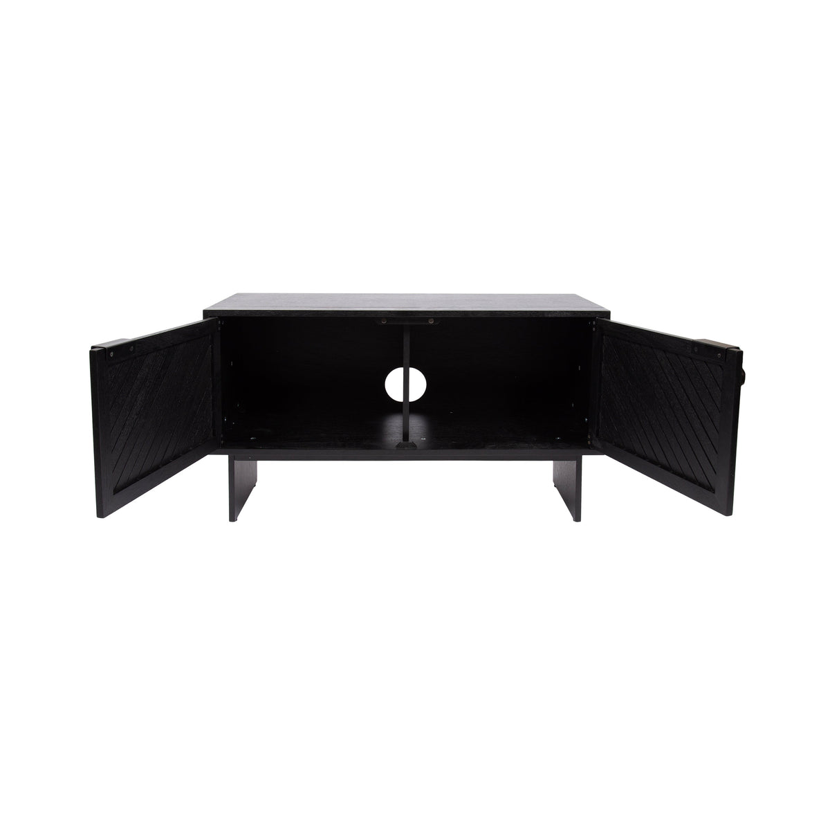 Black wooden TV stand with two open doors revealing a central shelf and circular cable management hole at the back, supported by four straight legs.
