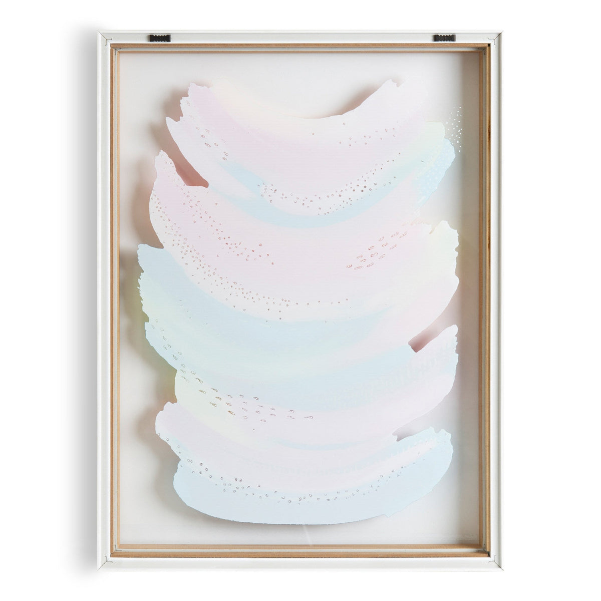 Framed abstract art with layered pastel pink, blue, and purple brush strokes on frosted glass, accented by small scattered dots and cut-out edges.