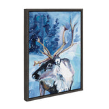 Framed canvas painting of a reindeer with large antlers in a snowy blue forest background, featuring bold brushstrokes and snowflakes.