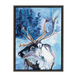 Painting of a reindeer with large antlers against a snowy blue forest background, featuring bold brushstrokes and white snowflakes falling around.