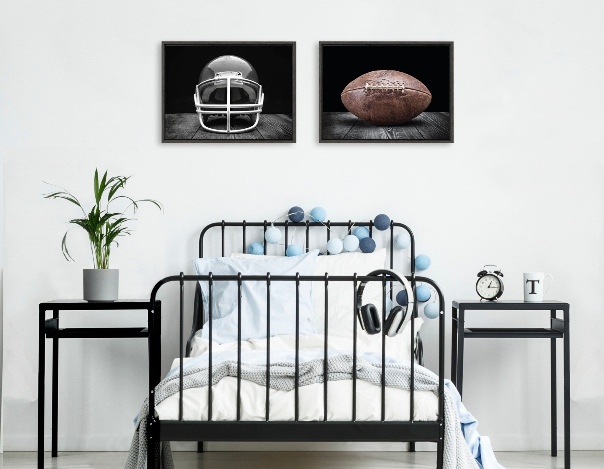 Sylvie Vintage Football Helmet on Black and Vintage Football on Black Framed Canvas Art Set by Saint and Sailor Studios