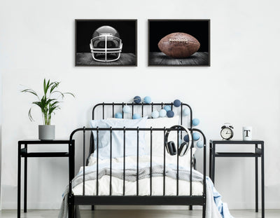 Sylvie Vintage Football Helmet on Black and Vintage Football on Black Framed Canvas Art Set by Saint and Sailor Studios
