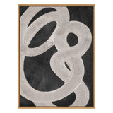 Abstract painting with thick beige brushstrokes looping and intertwining over a textured black background, enclosed in a simple wooden frame.