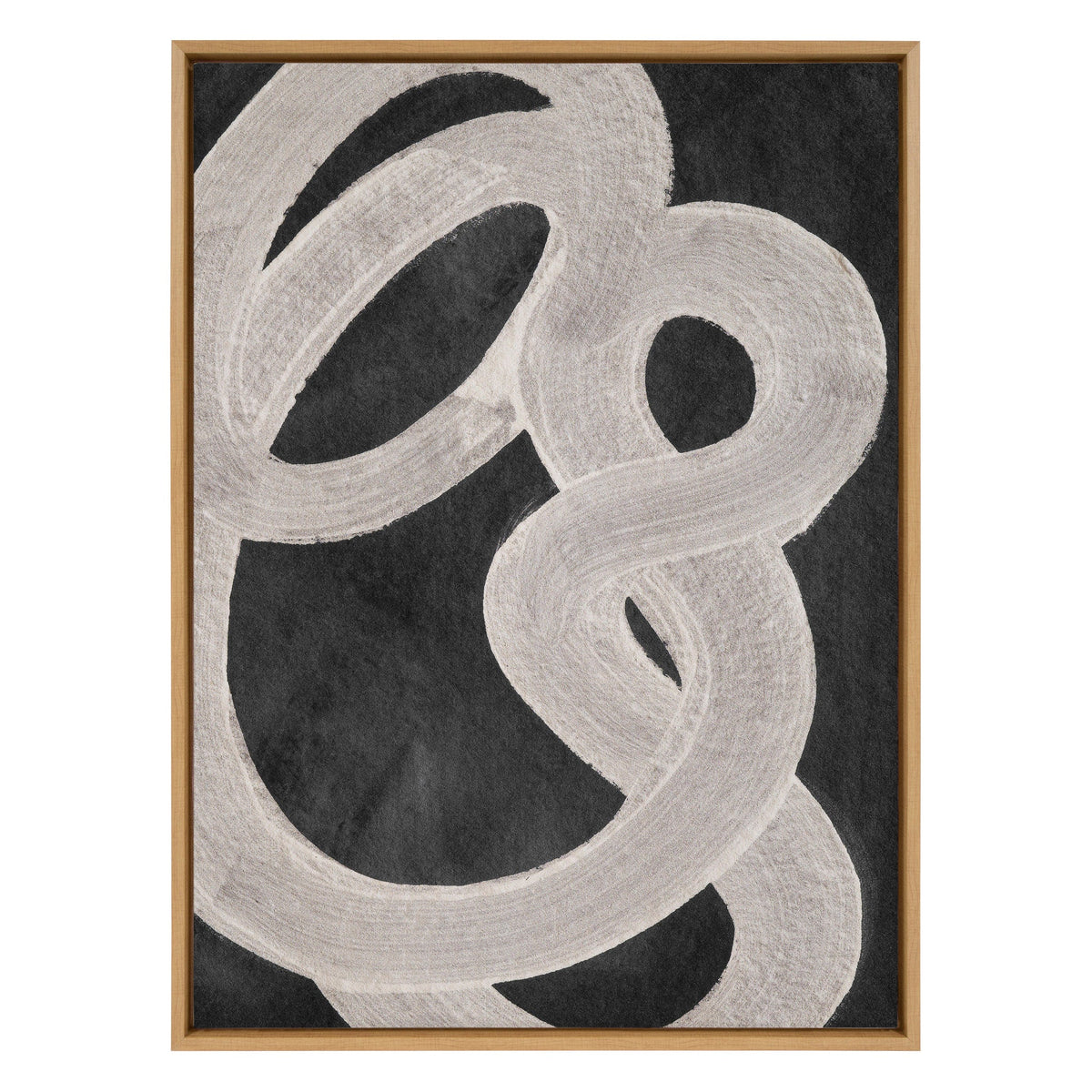Abstract painting with thick beige brushstrokes looping and intertwining over a textured black background, enclosed in a simple wooden frame.