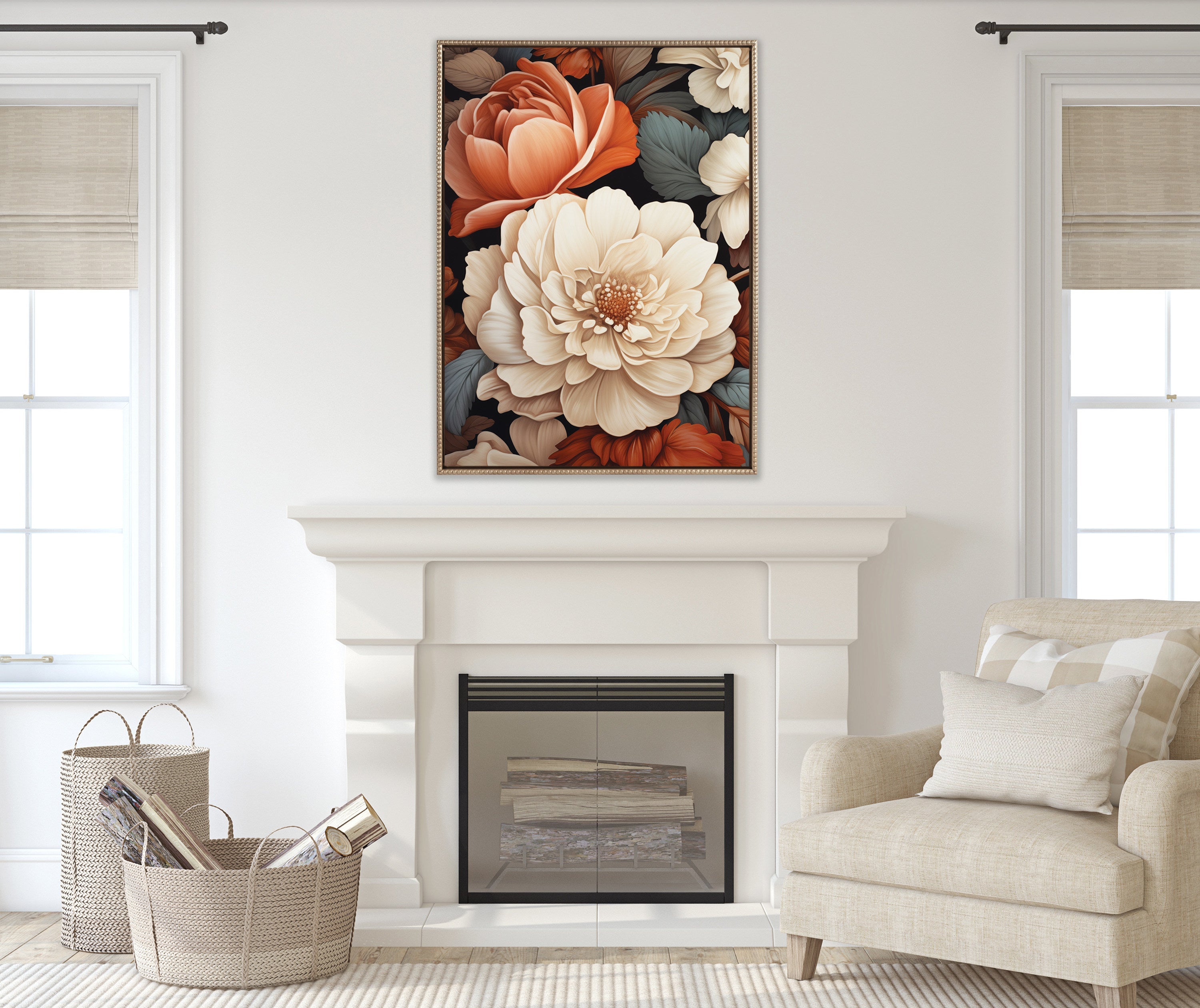 Sylvie Beaded Romantic Ivory and Peach Flora Framed Canvas by The Creative Bunch Studio
