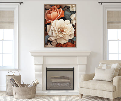 Sylvie Beaded Romantic Ivory and Peach Flora Framed Canvas by The Creative Bunch Studio