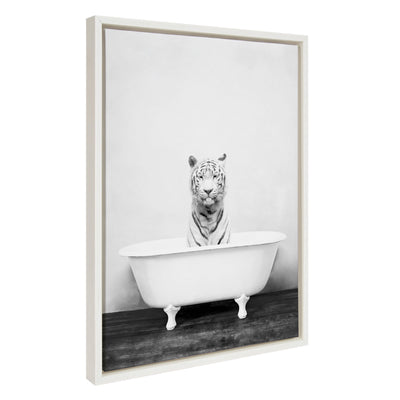 Sylvie White Tiger in The Bathtub Framed Canvas by Amy Peterson by kateandlaurel - product image 10 for Resin Society