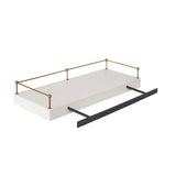 Rectangular white floating shelf with thin brass railing detail on three sides and a black metal towel bar attached underneath, shown on white background.