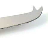 Close-up of a stainless steel cheese knife blade with a curved handle and serrated edge, featuring a forked tip for picking up cheese