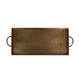 Rectangular hammered metal tray with rounded handles on each end, featuring an evenly dotted textured surface in a warm bronze tone.