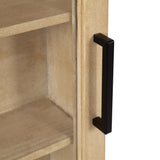 Close-up of a beige wood cabinet door with a matte black rectangular handle and visible interior shelving.