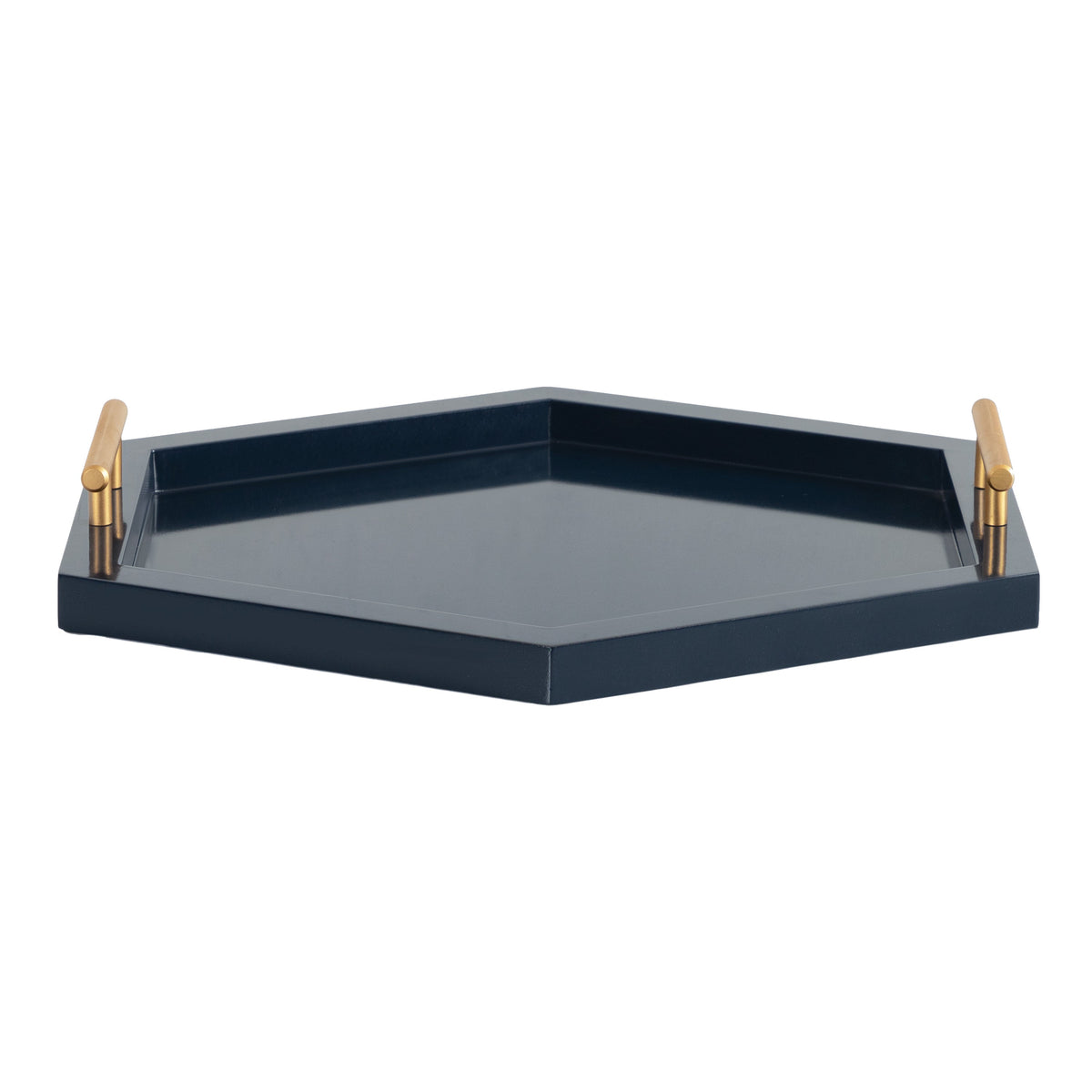 Hexagonal dark blue decorative tray with raised edges and two gold cylindrical handles on opposite sides, shown from the side on a white background.