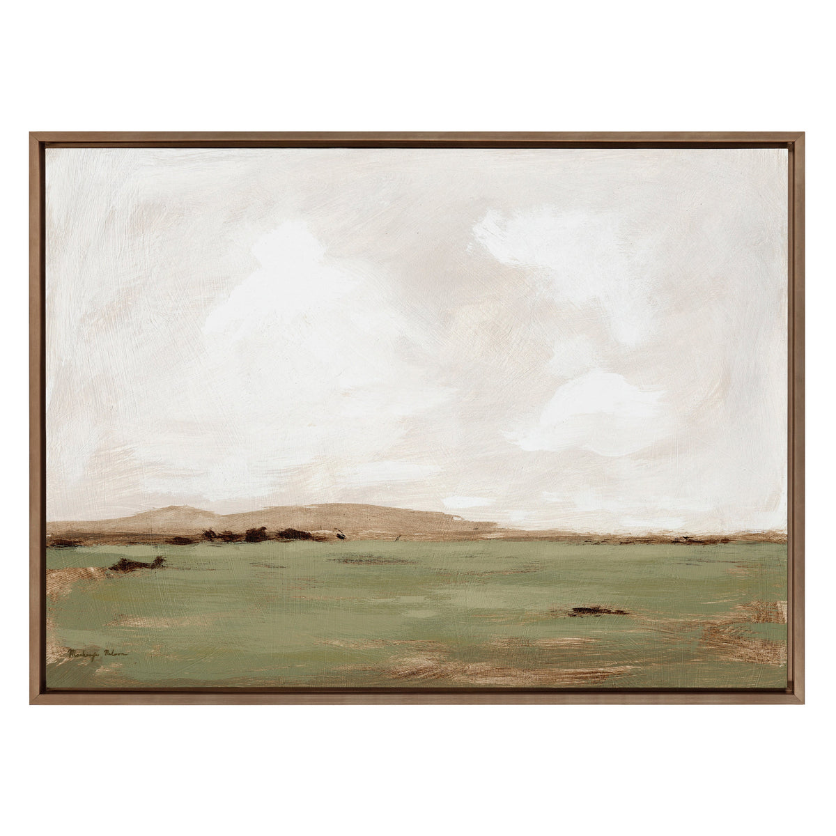Framed canvas painting showing a muted green and brown plainscape under a cloudy beige and white sky, with horizontal brushstrokes and soft earthy tones.