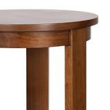 Close-up of a round wooden side table with a smooth, medium-brown finish and straight legs extending from a circular frame beneath the tabletop.