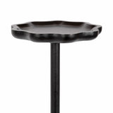 Dark wood scalloped round drink table on a single cylindrical pedestal base, shown from the side against white background.