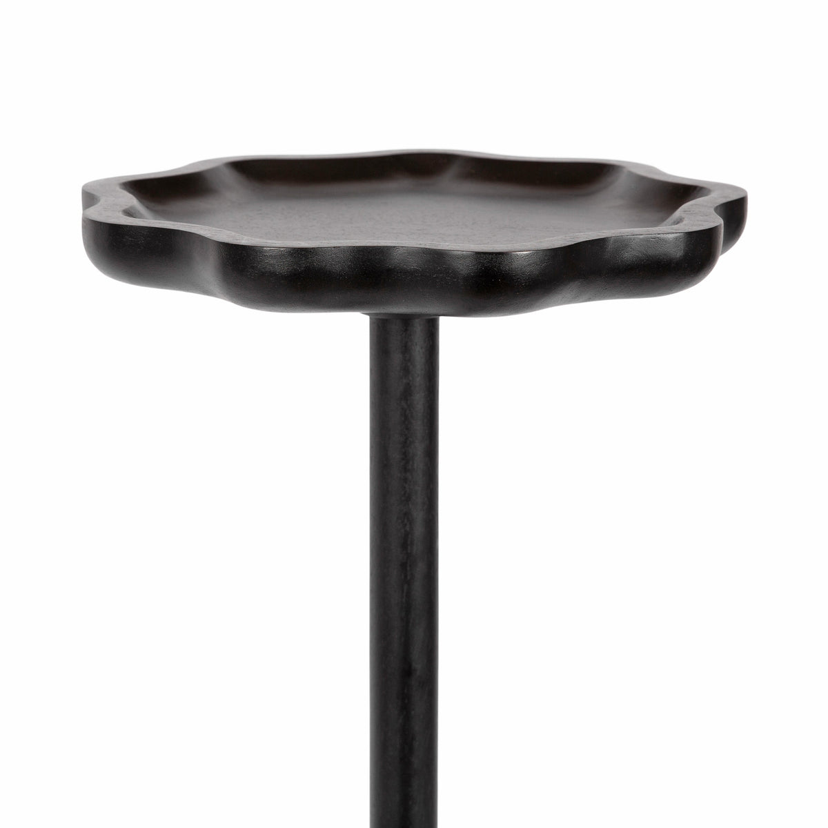 Dark wood scalloped round drink table on a single cylindrical pedestal base, shown from the side against white background.