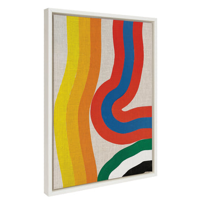 Framed floating canvas art titled 'Sylvie It Depends on What You See' by Amber Vittoria, showing colorful abstract female portrait with natural or white frame options.
