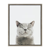 Close-up framed canvas portrait of a grey cat with eyes closed and a content expression on a white background.