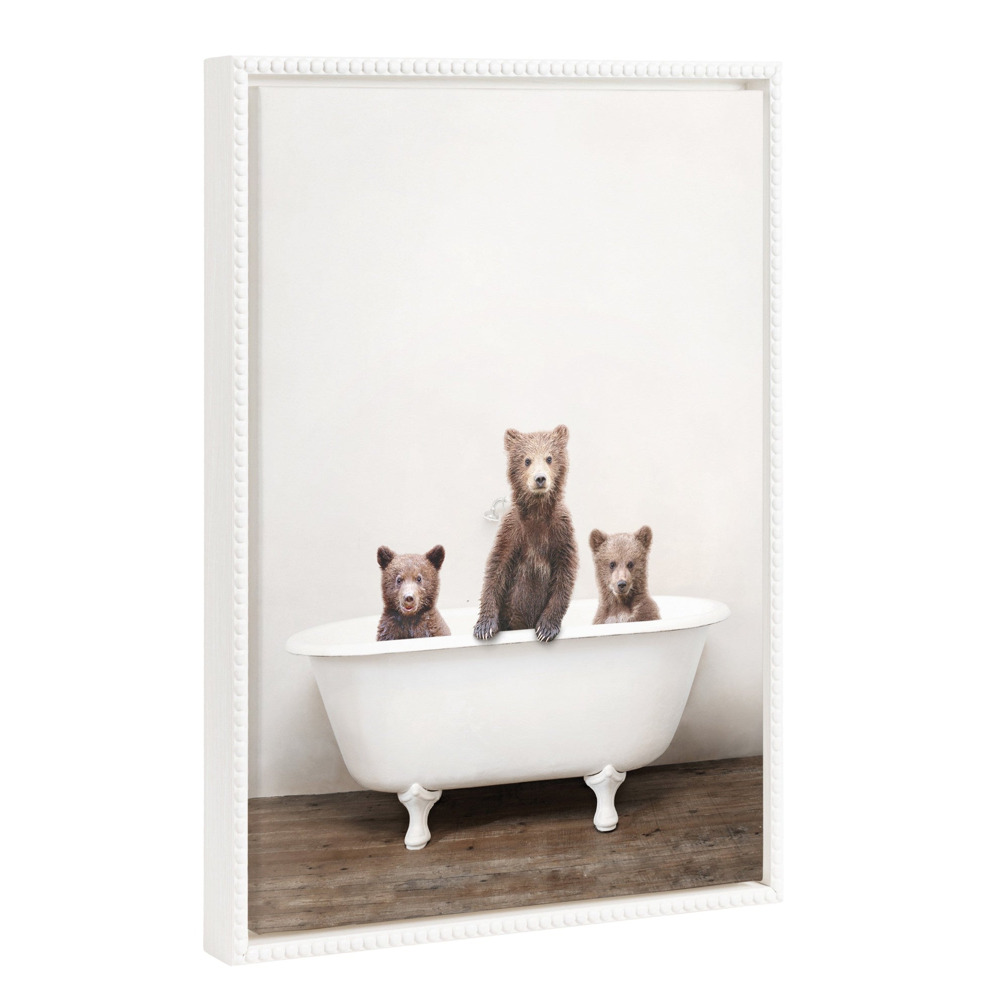 Sylvie Beaded Three Little Bears in Vintage Bathtub framed canvas art showing three baby bear cubs in a bubble bath with a vintage beaded frame.