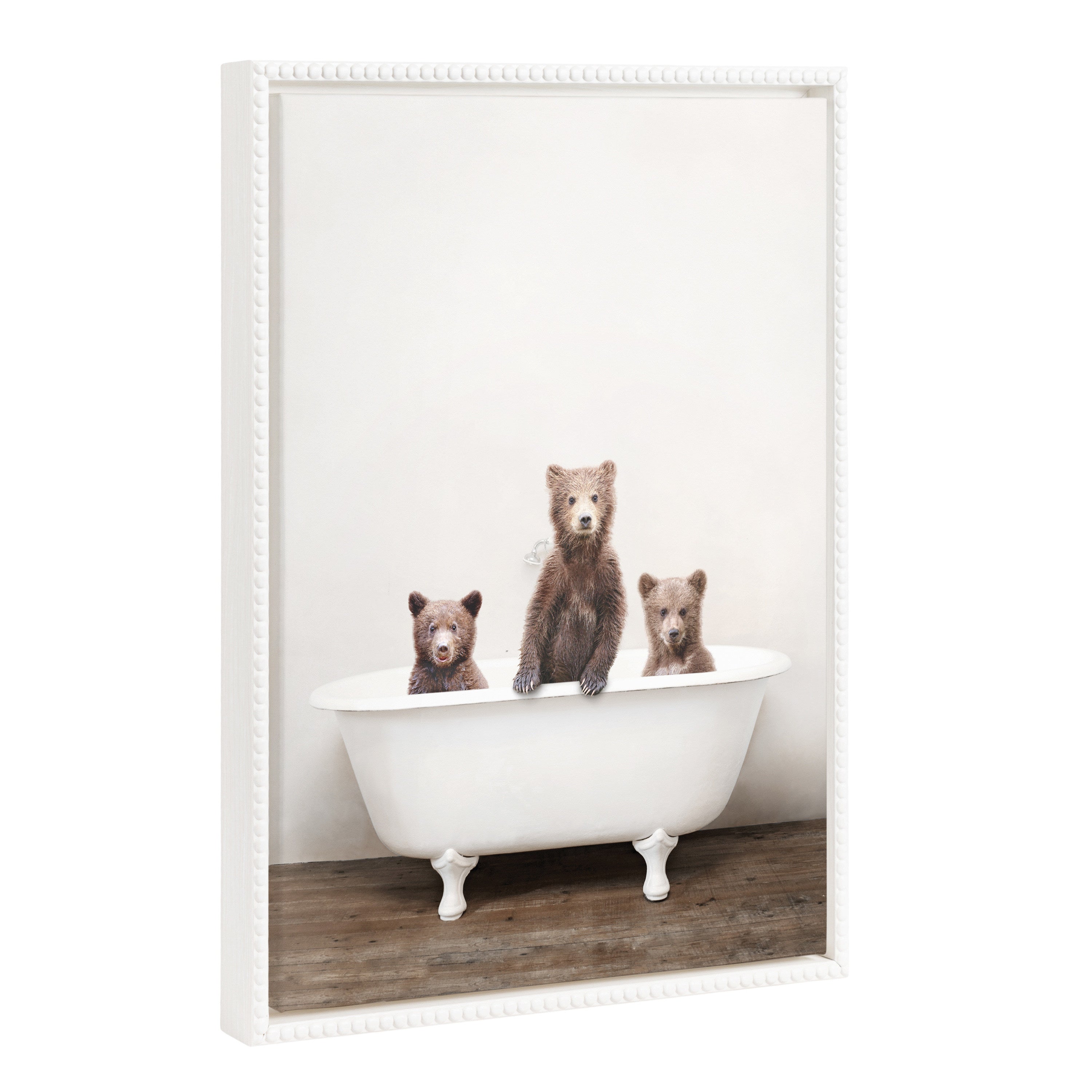 Sylvie Beaded Three Little Bears in Vintage Bathtub framed canvas art showing three baby bear cubs in a bubble bath with a vintage beaded frame.