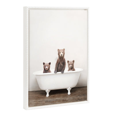 Sylvie Beaded Three Little Bears in Vintage Bathtub framed canvas art showing three baby bear cubs in a bubble bath with a vintage beaded frame.