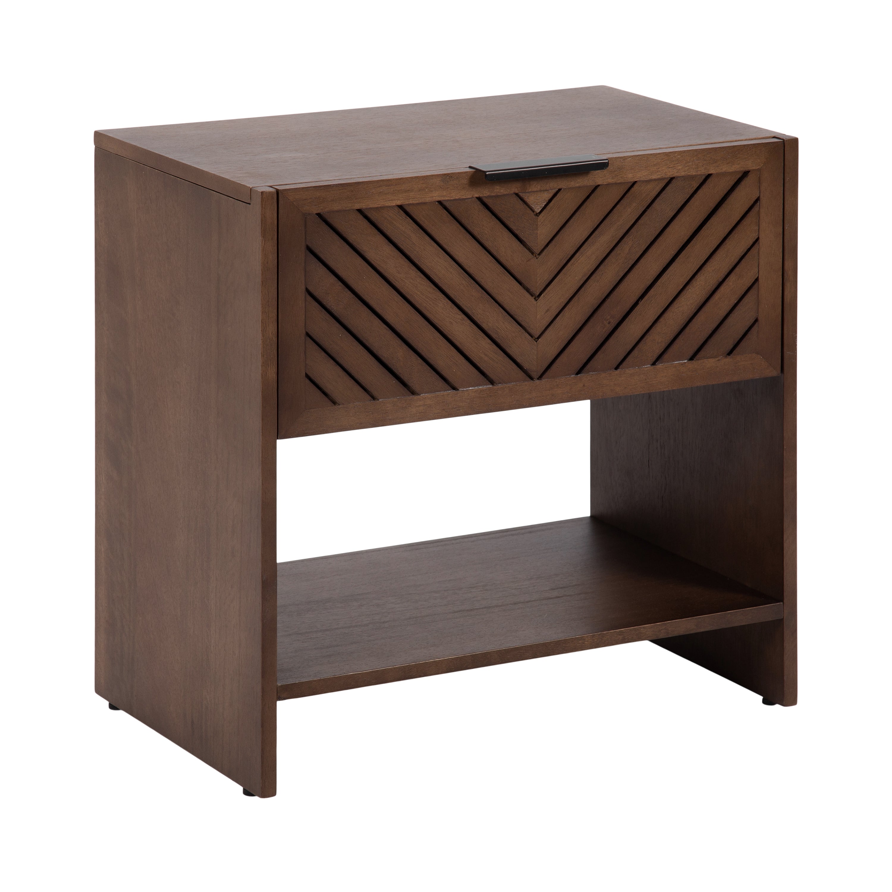 Mezzeta Wood Side Table in natural wood finish showing slatted chevron face and storage cubby