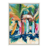 Colorful painting of surfboards in shades of pink, blue, and orange leaning against lush green palm leaves, framed in a simple white border.