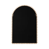 Arched mirror with scalloped light wood frame and black reflective surface, shown from the front against a white background.