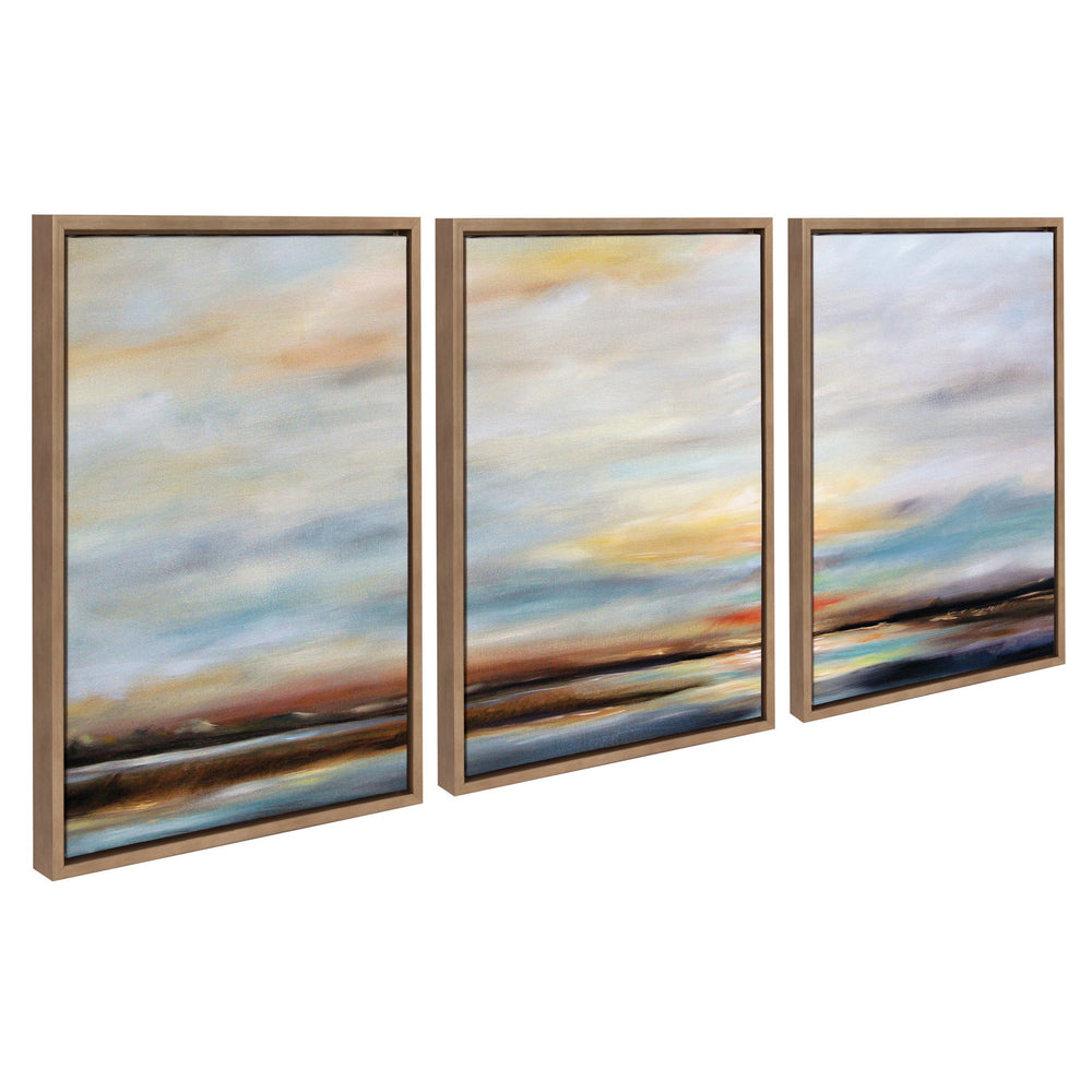 Triptych framed canvas art depicting a Carolina sunset in soft gold tones by Mary Sparrow