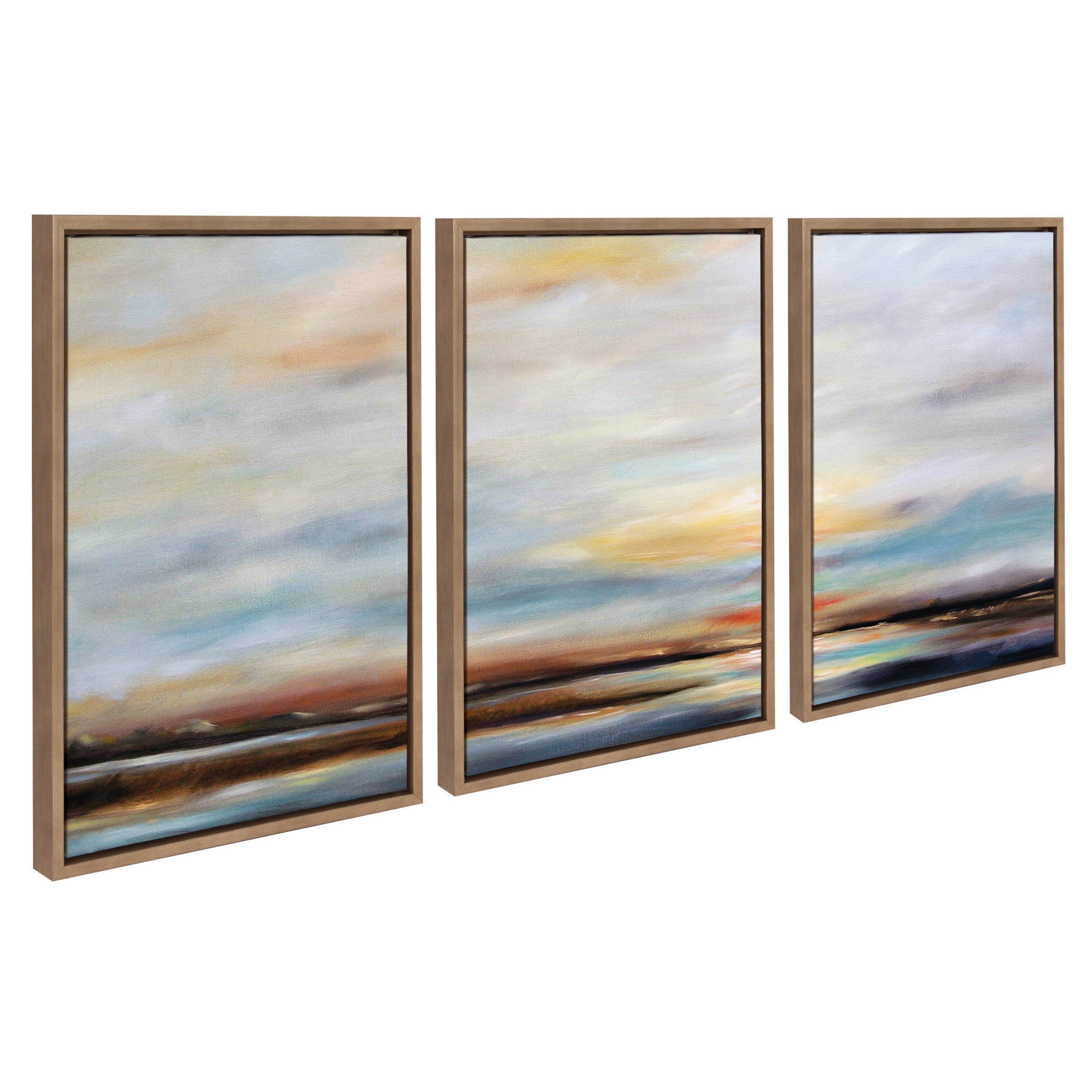 Triptych framed canvas art depicting a Carolina sunset in soft gold tones by Mary Sparrow