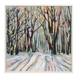 Painting of a winter forest with bare trees casting long shadows on snow in soft pastel hues and muted greens under a pale sky.