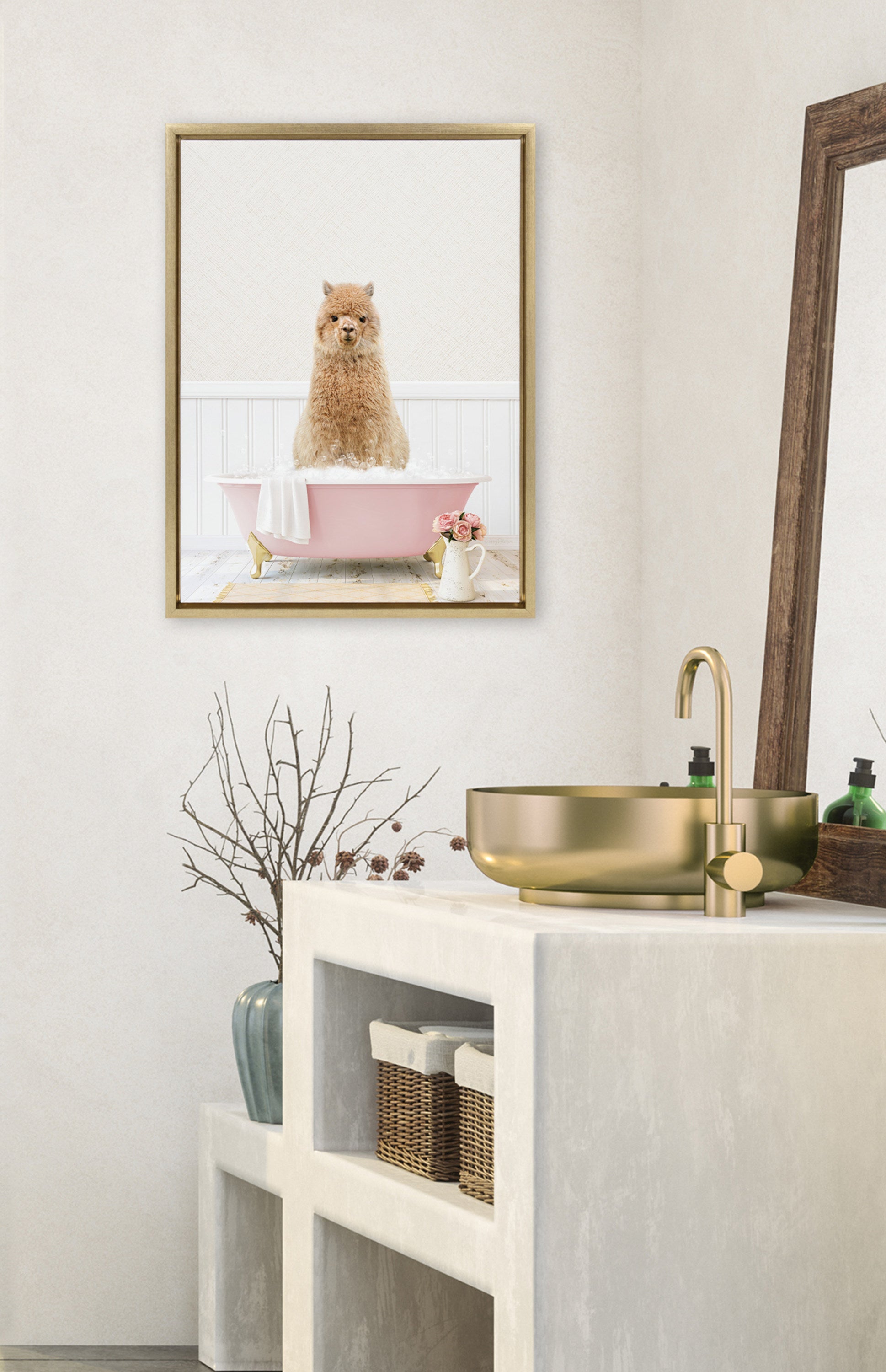 Sylvie Alpaca in Cottage Rose Bath Framed Canvas by kateandlaurel - product image 4 for Resin Society