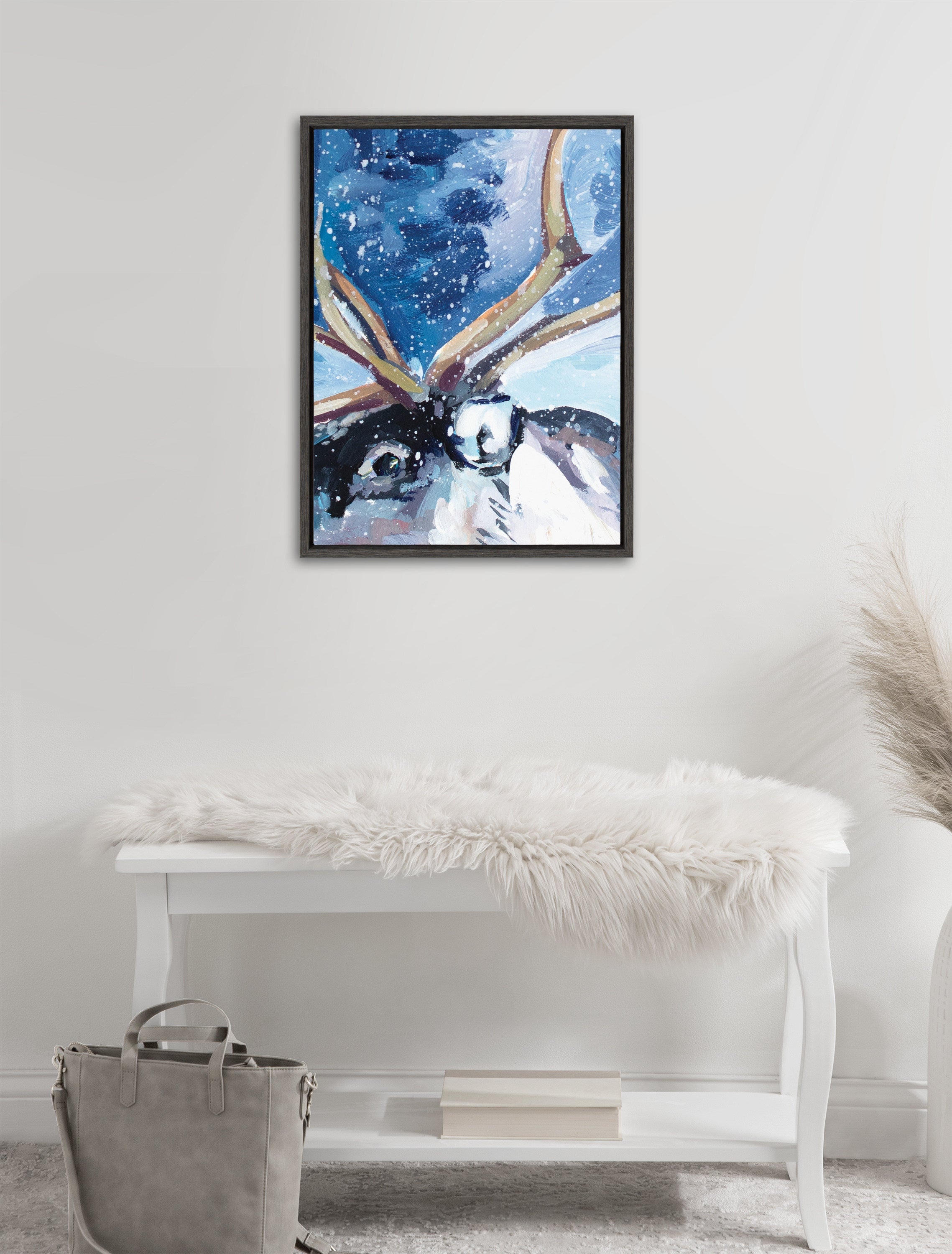 Sylvie Reindeer In Snow Framed Canvas by Rachel Christopoulos