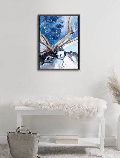 Sylvie Reindeer In Snow Framed Canvas by Rachel Christopoulos