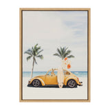 Yellow vintage car on a sandy beach with two palm trees behind it, a large surfboard leaning against the car, and a kangaroo in the driver’s seat holding balloons.