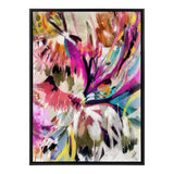 Abstract canvas artwork with fluid shapes in pink, purple, yellow, and blue hues blending into earthy greens and blacks within a black frame.