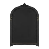 Arched wall mirror with black wooden frame featuring simple curved top and ornate detailing at the peak, with metal hanging rings on sides.